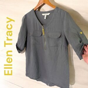 Ellen Tracy-Linen blouse. Size small. Gray with gold tassel/zipper. Gorgeous EUC